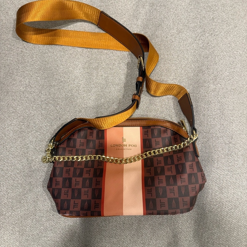 London Fog Brown, Tan & Peach Shoulder Bag with Gold Chain
